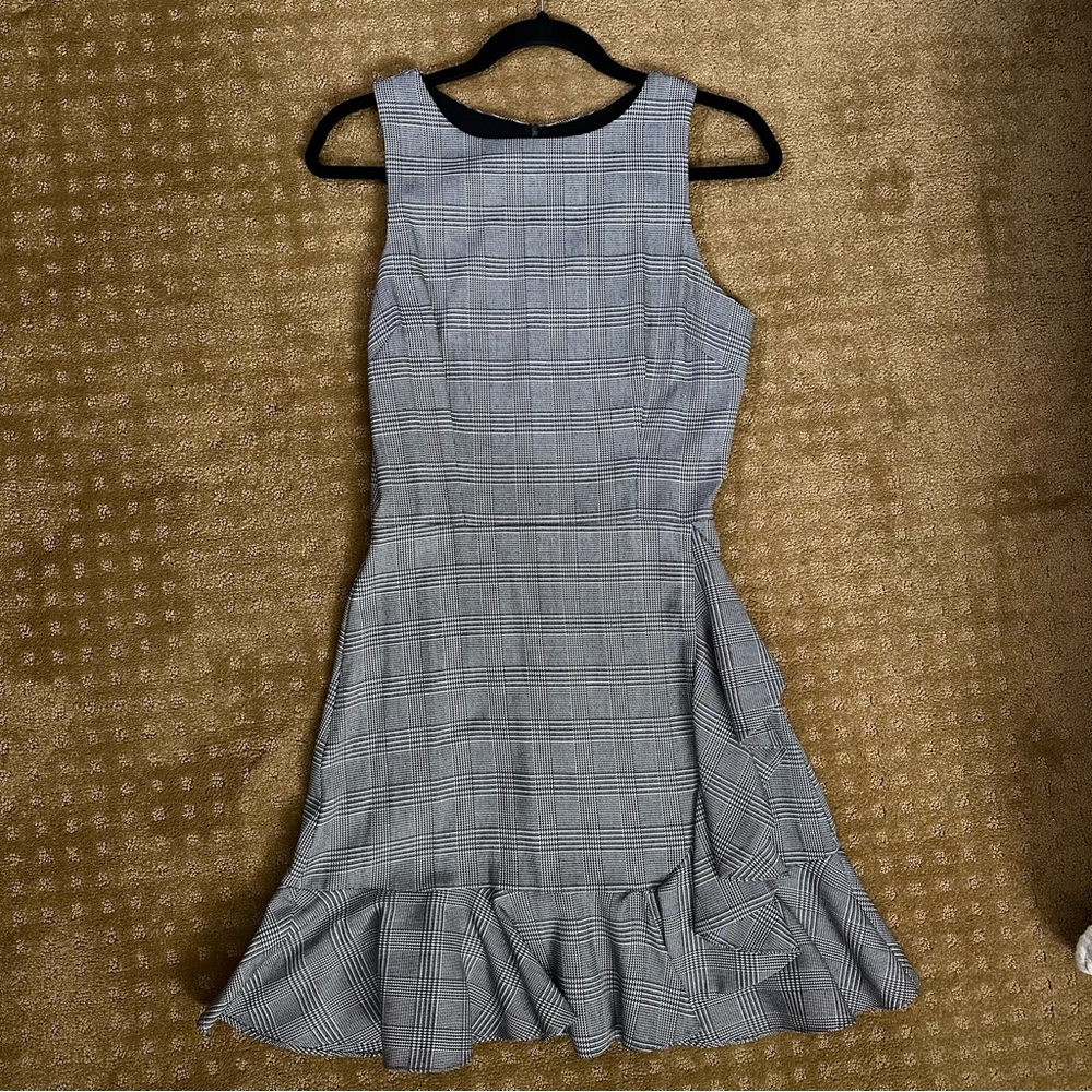 Aqua Gray Plaid Sleeveless Ruffle Hem Dress